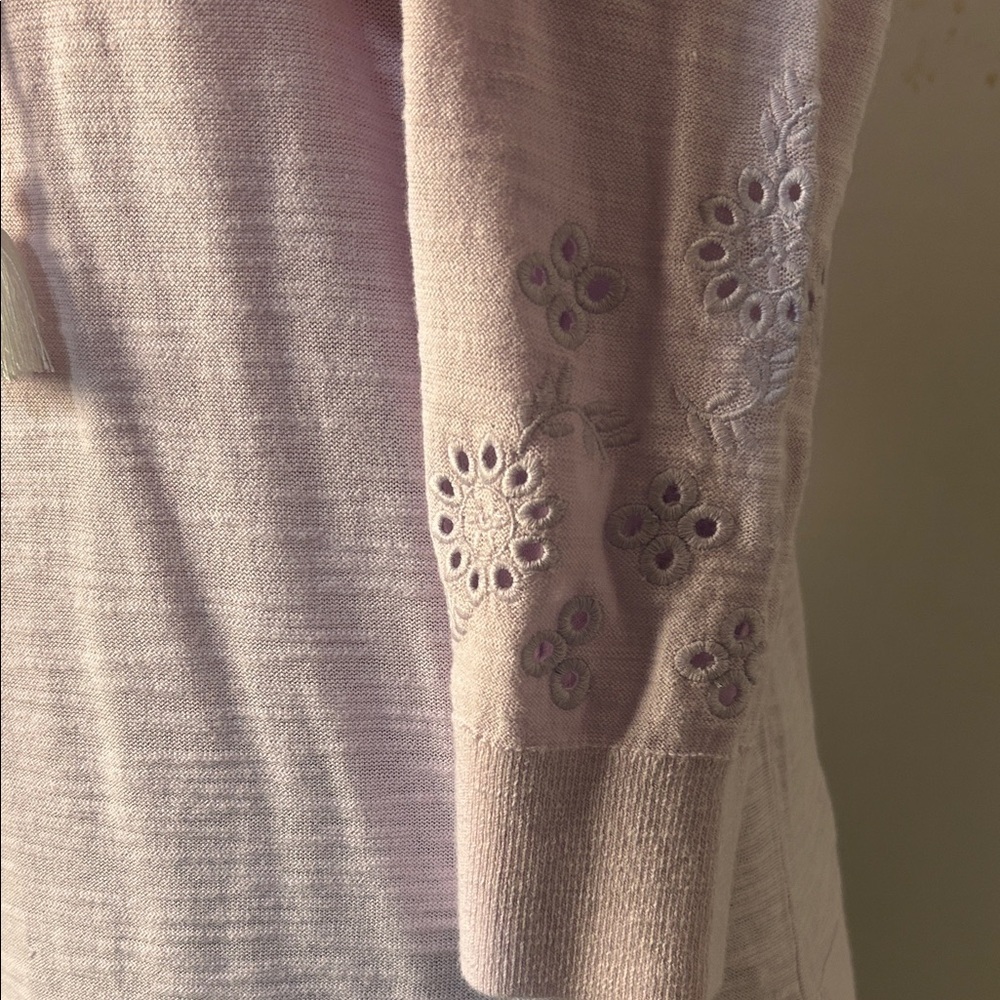 Loft Tasseled Tie Neck Top T-Shirt 100%Cotton Embroidered Long Sleeve Sz S - Picture 4 of 14